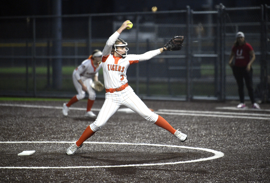 Battle Ground's Rylee Rehbein winds up to throw a pitch against Union on Wednesday, March 29, 2023, at Union High School.