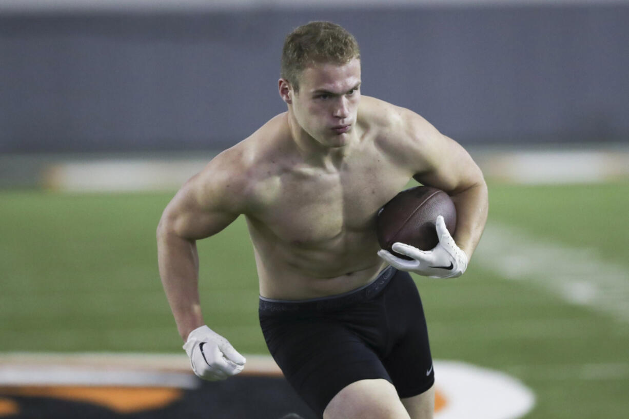 Oregon State football player Jack Colletto participates in a position drill at the school's NFL Pro Day, Monday, March 13, 2023, in Corvallis, Ore.