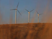 Wind turbines on a hill near Ellensburg, WA, November 19, 2022.