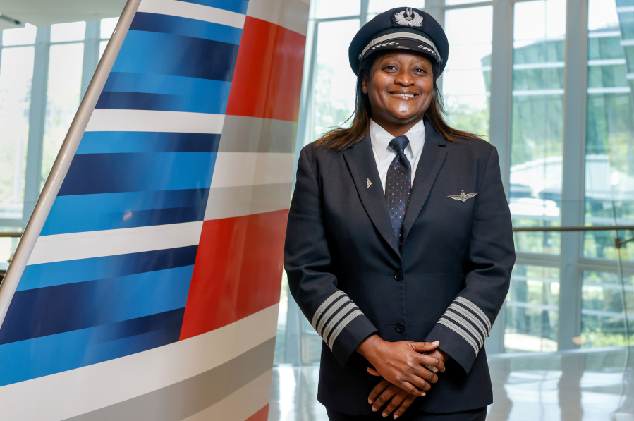 Pilot Beth Powell stands for a portrait at American Airlines headquarters in Fort Worth, Texas on Tuesday, March 28, 2023. Powell spoke about barriers to women entering the aviation industry.