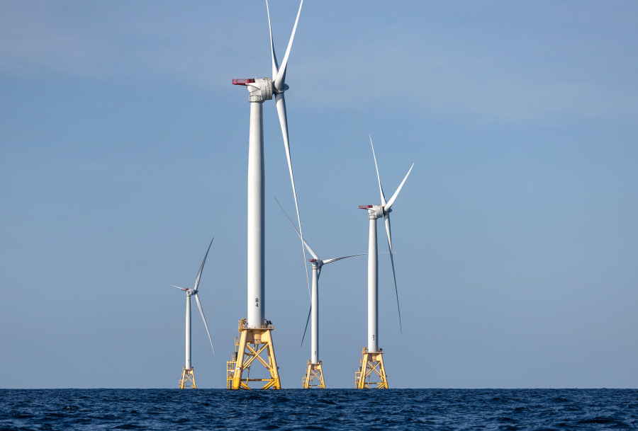 Wind turbines generate electricity at the Block Island Wind Farm on July 7, 2022, near Block Island, Rhode Island.