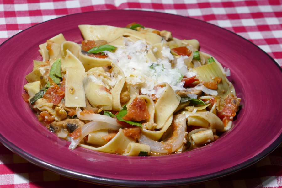 Pappardelle with Artichoke Hearts and Mushrooms.