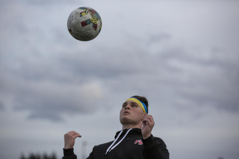 Fort Vancouver sophomore Denis Zayets, a first-generation Ukrainian American, warms up before a soccer match against Washougal at Fort Vancouver High School.