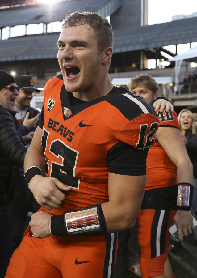 Oregon State linebacker Jack Colletto (12) celebrates after his team's win over Oregon in an NCAA college football game on Saturday, Nov 26, 2022, in Corvallis, Ore.