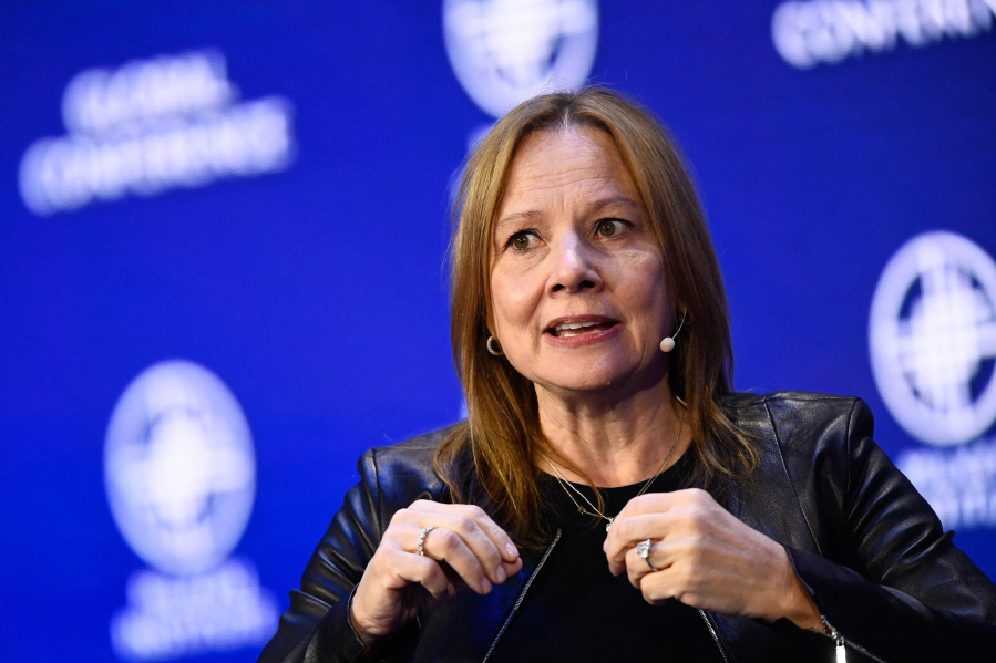 Mary Barra, chair and CEO of the General Motors Company, speaks during the Milken Institute Global Conference in Beverly Hills, California, on May 2, 2022. (Patrick T.