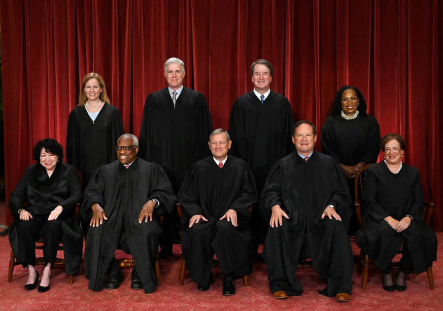 Justices of the U.S. Supreme Court pose for their official photo at the Supreme Court in Washington, D.C., on Oct. 7, 2022. Seated from left: Associate Justice Sonia Sotomayor, Associate Justice Clarence Thomas, Chief Justice John Roberts, Associate Justice Samuel Alito and Associate Justice Elena Kagan. Standing behind from left: Associate Justice Amy Coney Barrett, Associate Justice Neil Gorsuch, Associate Justice Brett Kavanaugh, and Associate Justice Ketanji Brown Jackson.