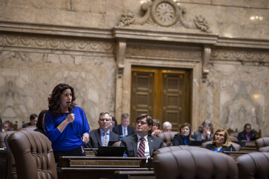 SECONDARY: Rep. Monica Stonier, D-Vancouver, speaks in support of an anti-bullying bill that would set policies to prevent transgender students from being bullied during session in Olympia, Wash., on Tuesday, April 9, 2019.