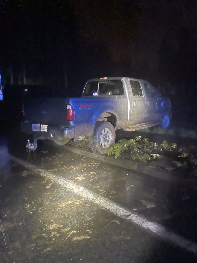 A crashed pickup Monday morning near the intersection of Northeast 15th Avenue and 179th Street. Clark County sheriff's deputies arrived to find an abandoned F-350 that went off the road and crashed into a utility box.