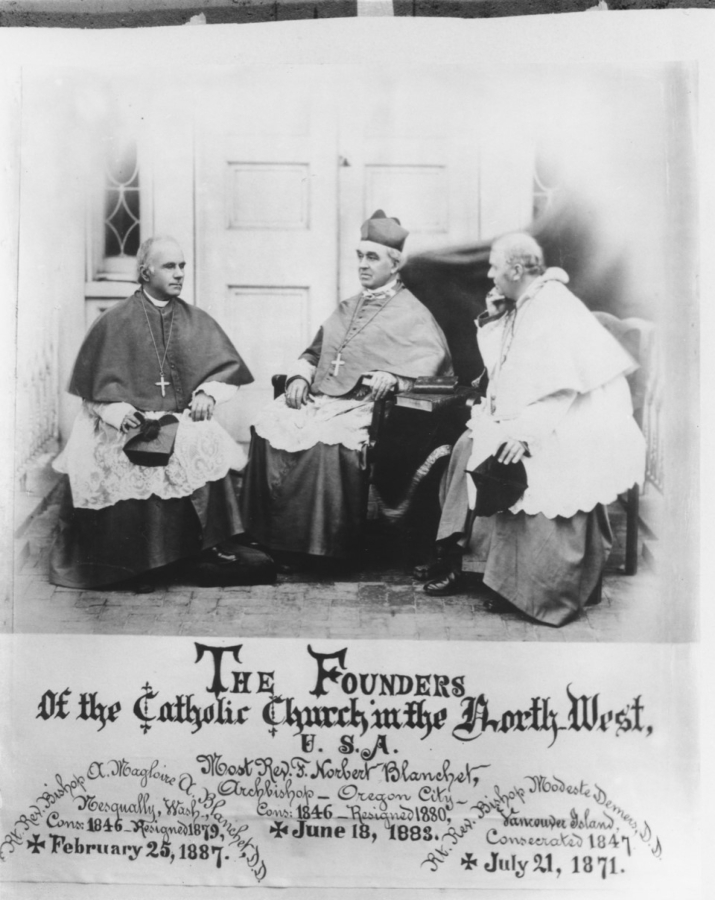 In 1838, chief factor of the Hudson's Bay Company at Fort Vancouver, John McLaughlin, welcomed two Catholic missionary priests to the Northwest. A century later, the "Flotilla of Faith" historical pageant reenacted their arrival using 200 actors. Two Seattle priests were cast as the first Catholic missionaries, Fathers Francis Blanchet (center) and Modeste Demers (right). Bishop Augustin Magloire Alexandre Blanchet is on the left.
