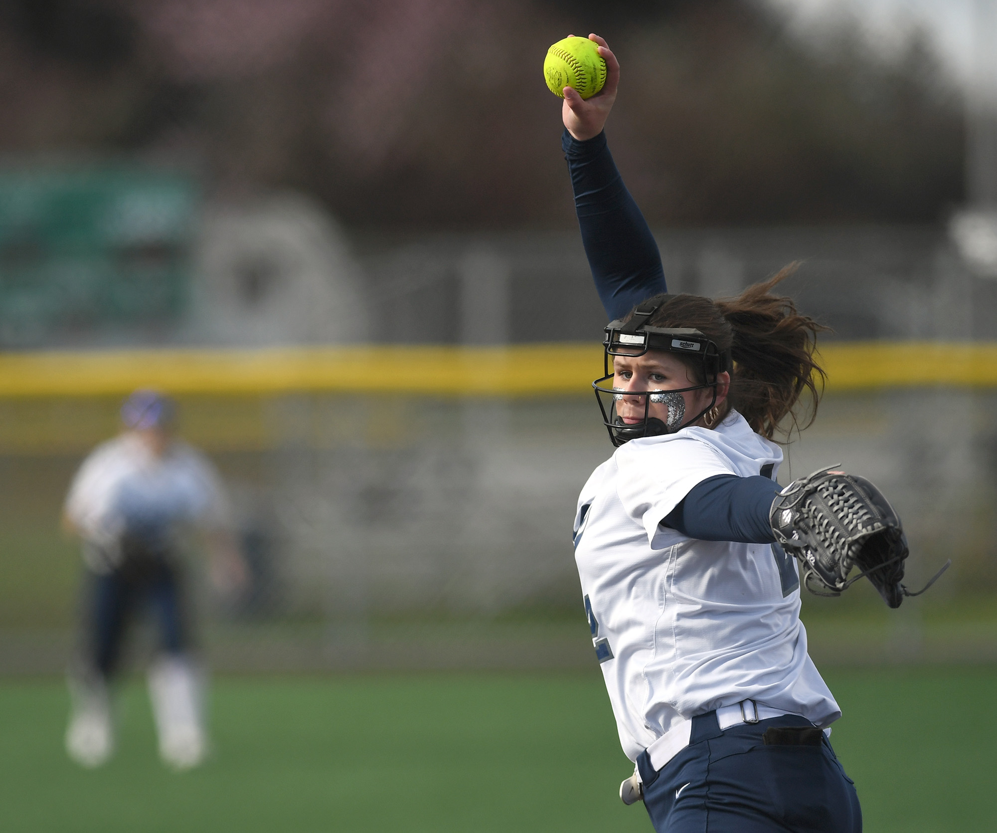 Skyview sophomore Maddie Milhorn pitches the ball Wednesday, April 12, 2023, during the Storm’s 4-0 win against Battle Ground at Fort Vancouver High School.