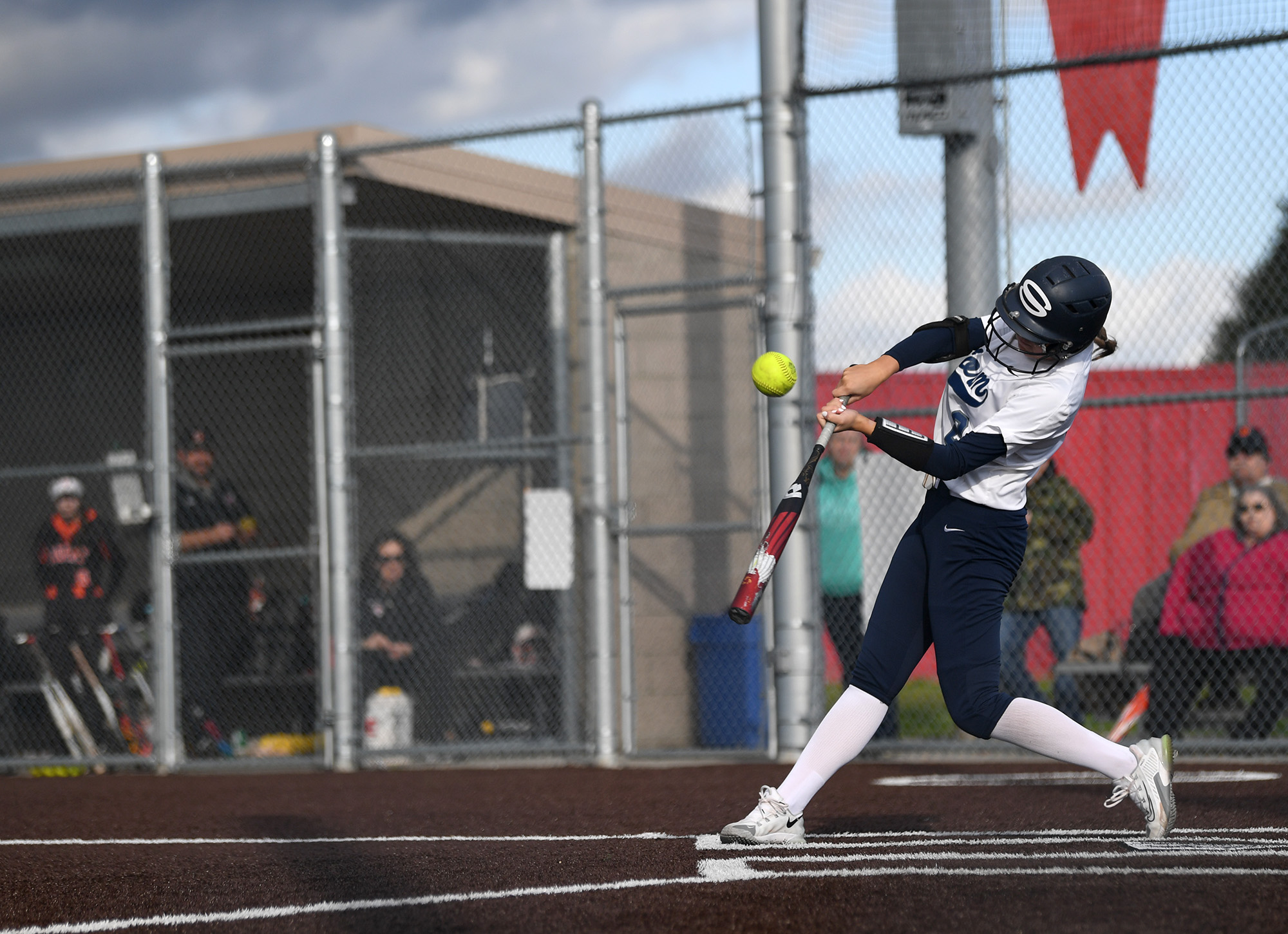 Skyview sophomore Addy Harmier fouls off a ball Wednesday, April 12, 2023, during the Storm’s 4-0 win against Battle Ground at Fort Vancouver High School.