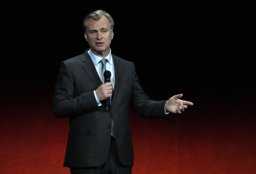 Christopher Nolan, director of the upcoming film "Oppenheimer," discusses the film Wednesday during the Universal Pictures and Focus Features presentation at CinemaCon 2023 in Las Vegas.