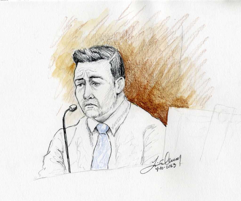 This courtroom sketch depicts Brandon Boudreaux, who was previously married to Lori Vallow Daybell's niece, testifying during Vallow Daybell's murder trial in Boise, Idaho, Monday, April 10, 2023. Prosecutors have charged Vallow Daybell and her husband, Chad Daybell, with multiple counts of conspiracy, murder and grand theft in connection with the deaths of Vallow Daybell's two children: Joshua "JJ" Vallow and Tylee Ryan. Both are also charged in connection with the death of Chad Daybell's previous wife, Tammy Daybell. (Lisa C.