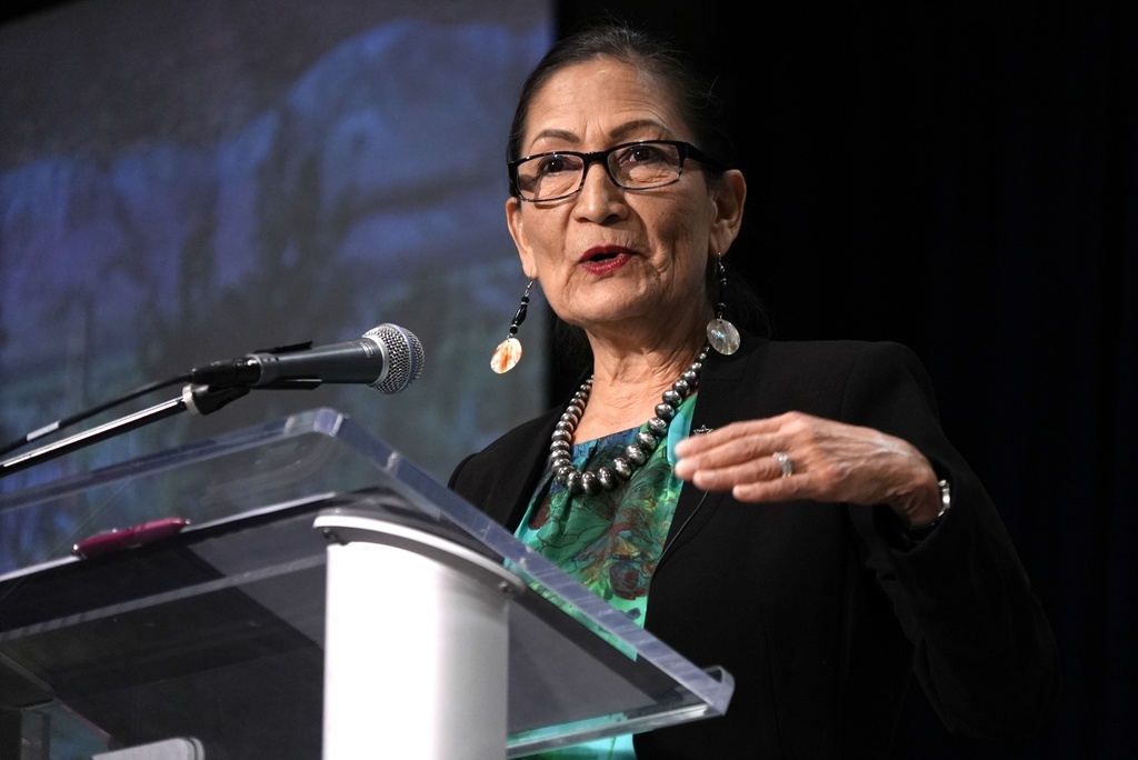 Interior Secretary Deb Haaland speaks at the Society of Environmental Journalists conference in Boise, Idaho, on Friday, April 21, 2023.