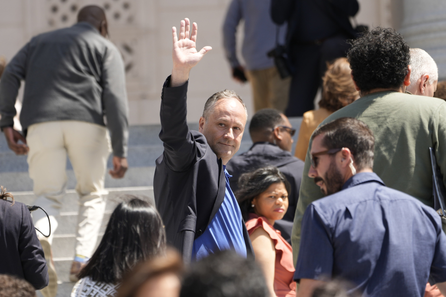 Douglas Emhoff, husband of Vice President Kamala Harris, waves after Harris addressed the Women's March in Los Angeles on Saturday, April 15, 2023.