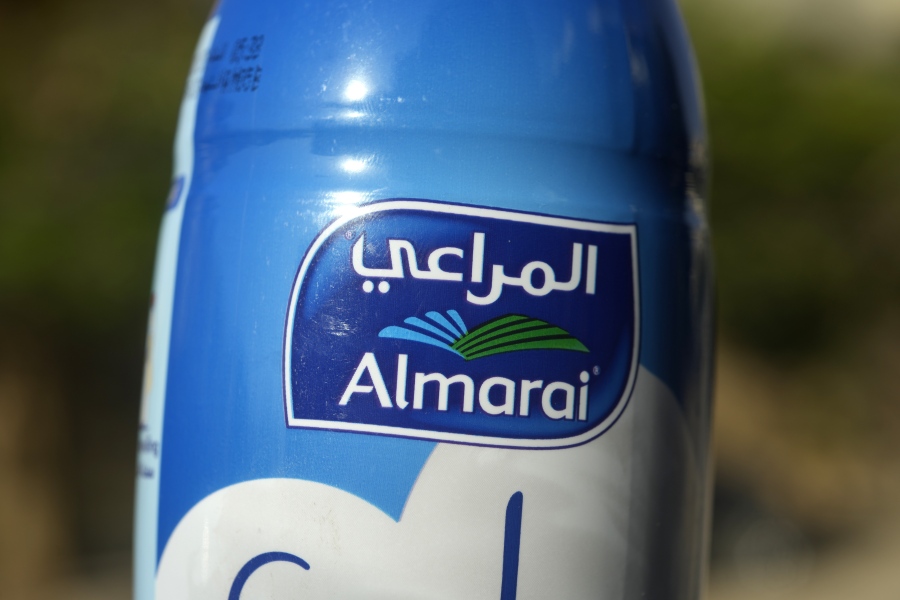 This image shows an Almarai logo in Cairo, Egypt, on Wednesday, April 26, 2023. Fondomonte Arizona, a subsidiary of Almarai Co., has for nearly a decade grown alfalfa in the American Southwest that is sent to the Gulf kingdom to feed cows there. Arizona rescinded a pair of drilling permits that would have allowed Fondomonte to pump up to 3,000 gallons of water per minute to irrigate its forage crops.