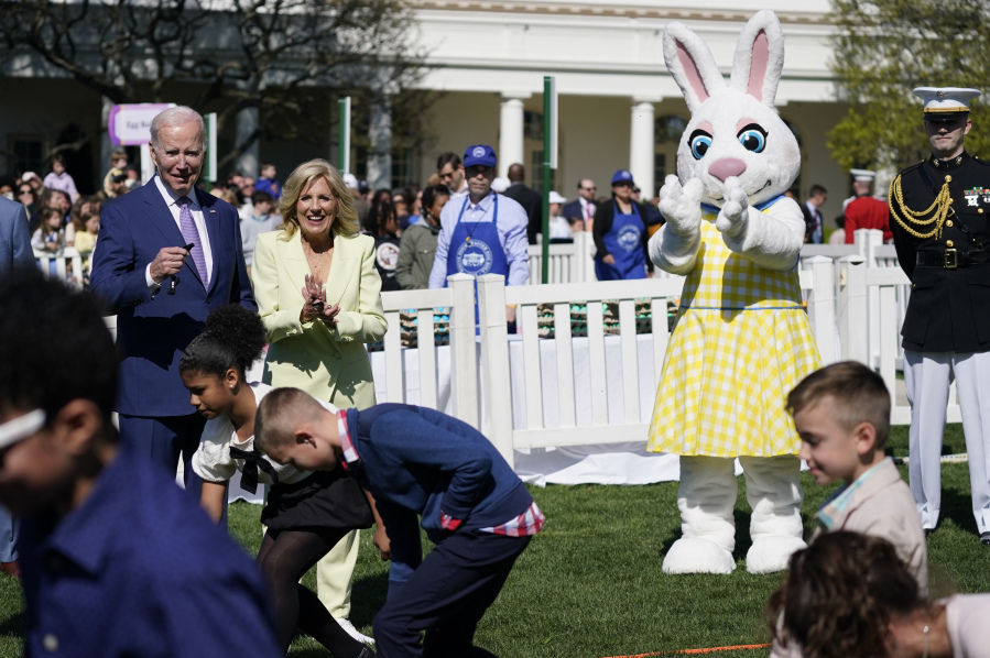 President Joe Biden and first lady Jill Biden participate in the 2023 White House Easter Egg Roll, Monday, April 10, 2023, in Washington.