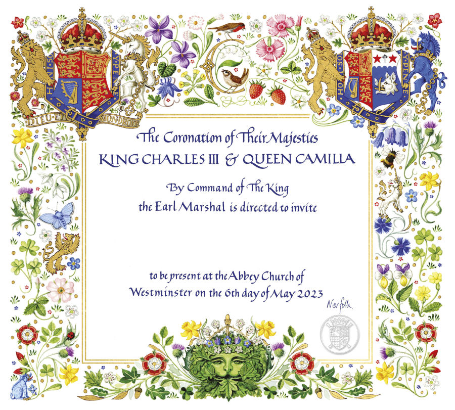 This photo released by Buckingham Palace on Tuesday, April 4, 2023 displays the invitation to the Coronation of Britain's King Charles III in Westminster Abbey. King Charles III's wife has been officially identified as Queen Camilla for the first time, with Buckingham Palace using the title on invitations for the monarch's May 6 coronation. Camilla, who until now has been described as queen consort, is given equal billing on the ornate medieval style invitations that will be sent to more than 2,000 guests and were unveiled on Tuesday.