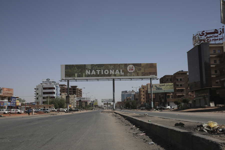 A deserted avenue is seen in Khartoum, Sudan, Tuesday, April 18, 2023. Sudan's embattled capital has awoken to a fourth day of heavy fighting between the army and a powerful rival force for control of the country. Airstrikes and shelling intensified on Monday in parts of Khartoum and the adjoining city of Omdurman.