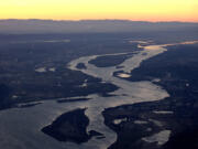 The Columbia River slices between Oregon and Washington.