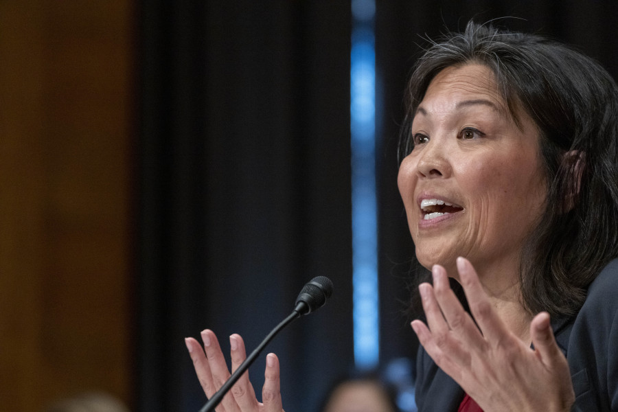 Julie Su speaks during a Senate Health, Education, Labor and Pensions confirmation hearing for her to be the Labor Secretary, on Capitol Hill, Thursday, April 20, 2023, in Washington.