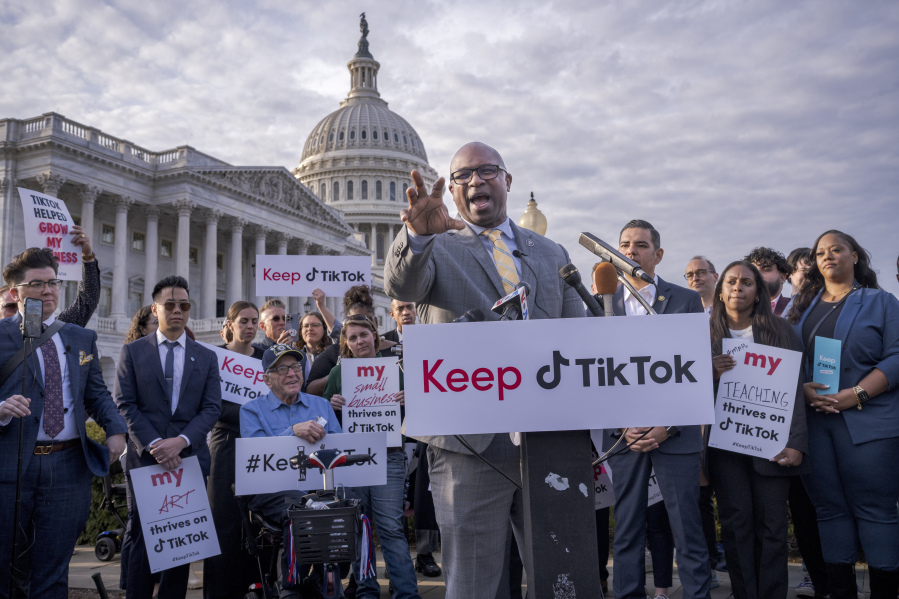 FILE - Rep. Jamaal Bowman, D-N.Y., joined by the popular app's supporters, leads a rally to defend TikTok at the Capitol in Washington, Wednesday, March 22, 2023. Bowman, D-N.Y., who has more than 180,000 followers on the app, held a news conference with TikTok influencers before a House hearing with TikTok CEO Shou Zi Chewg. Bowman accused Republicans of pushing a ban on TikTok for political reasons. (AP Photo/J.