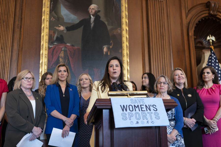 House Republican Conference Chair Elise Stefanik, R-N.Y., speaks as GOP women members hold an event before the vote to prohibit transgender women and girls from playing on sports teams that match their gender identity, at the Capitol in Washington, Thursday, April 20, 2023. The Protection of Women and Girls in Sports Act of 2023 would amend Title IX, the federal education law that bars sex-based discrimination, to define sex as based solely on a person's reproductive biology and genetics at birth. (AP Photo/J.