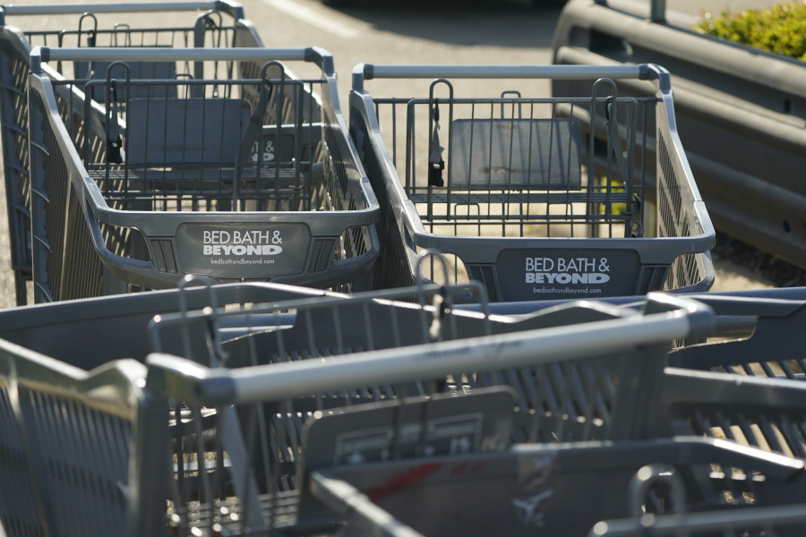 Bed Bath & Beyond shopping carts are left in a corral in Flowood, Miss., on Monday, April 24, 2023. One of the original big box retailers, the company filed for bankruptcy protection on Sunday, April 23, following years of dismal sales and losses. (AP Photo/Rogelio V.