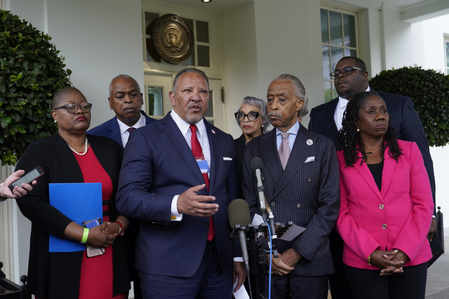 FILE - Marc Morial, center, President and Chief Executive Officer of the National Urban League, talks with reporters outside the West Wing of the White House in Washington, July 8, 2021, following a meeting with President Joe Biden and leadership of top civil rights organizations. Extreme views adopted by some local, state and federal political leaders who try to limit what history can be taught and undermine how Black leaders perform their jobs are among the leading threats to democracy for Black Americans, according to a National Urban League report to be released Saturday, April 15.