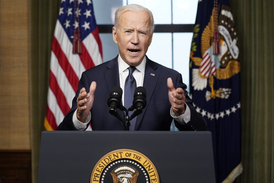 FILE - President Joe Biden speaks from the Treaty Room in the White House on April 14, 2021, about the withdrawal of the remainder of U.S. troops from Afghanistan.
