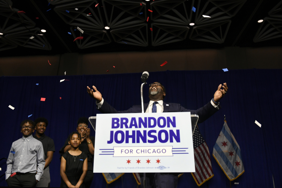 FILE - Chicago Mayor-elect Brandon Johnson celebrates with supporters after defeating Paul Vallas after the mayoral runoff election late Tuesday, April 4, 2023, in Chicago. For many progressives, the past decade has been littered with disappointments. But recent down-ballot victories are providing hope of reshaping the Democratic Party from the bottom up, rather than from Washington.