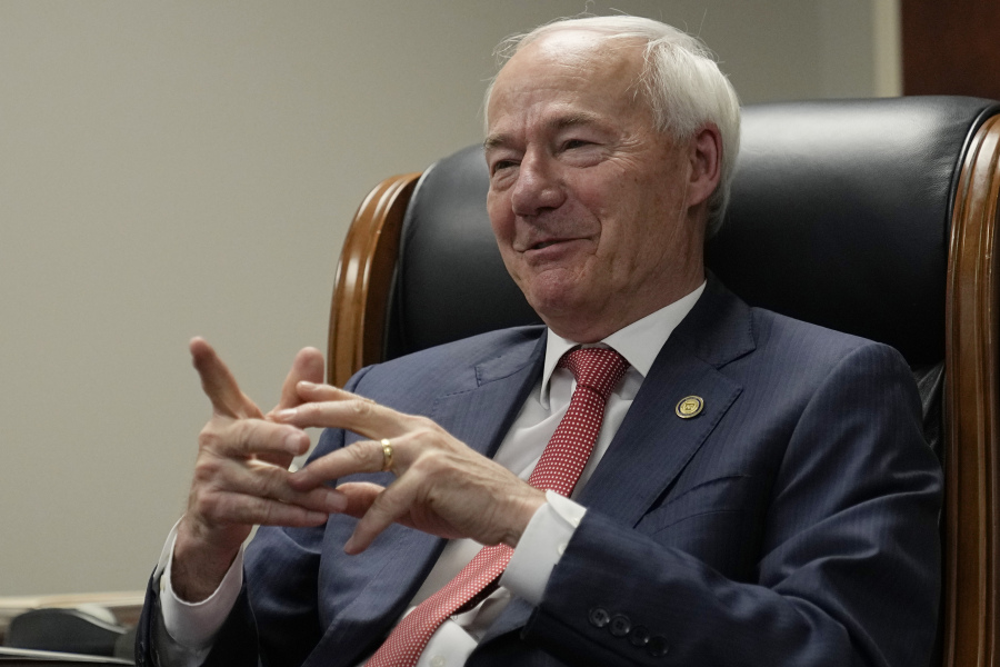 Former Arkansas Gov. Asa Hutchinson speaks during an interview in his office Wednesday, April 19, 2023, in Rogers, Ark..