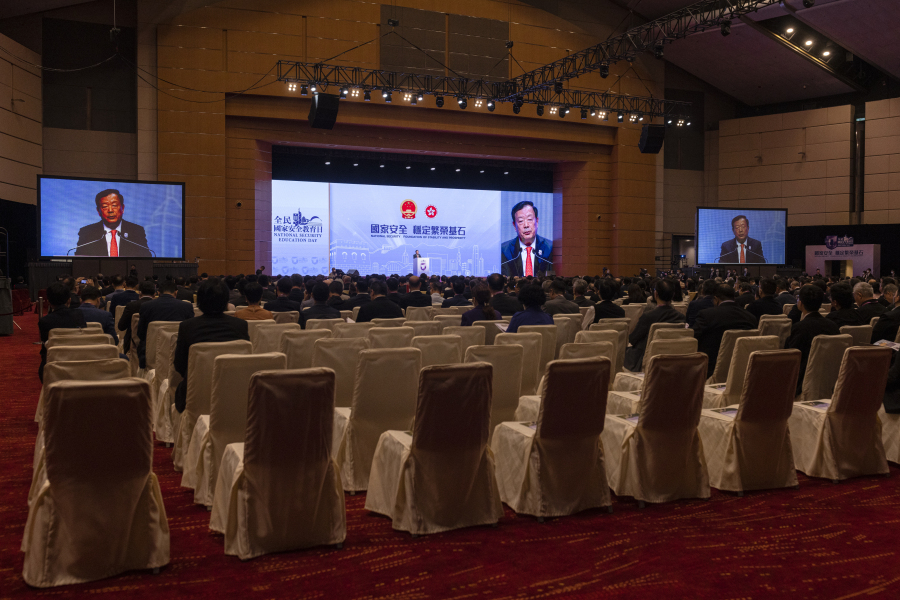 Xia Baolong, Director of the Hong Kong and Macau Affairs Office of the State Council, speaks during the National Security Education Day opening ceremony in Hong Kong in Hong Kong, Saturday, April 15, 2023.