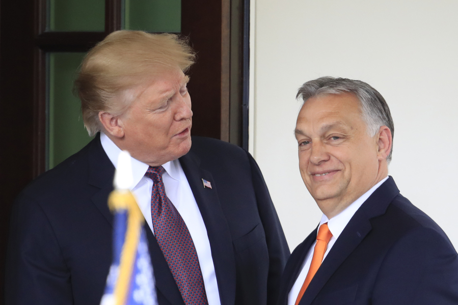 FILE - President Donald Trump welcomes Hungarian Prime Minister Viktor Orban to the White House in Washington, on May 13, 2019. Orban, tweeted a message of support for former U.S. President Donald Trump on Monday, April 3, 2023 urging him to "keep on fighting" as he faces a criminal indictment for making hush payments during his 2016 presidential campaign.