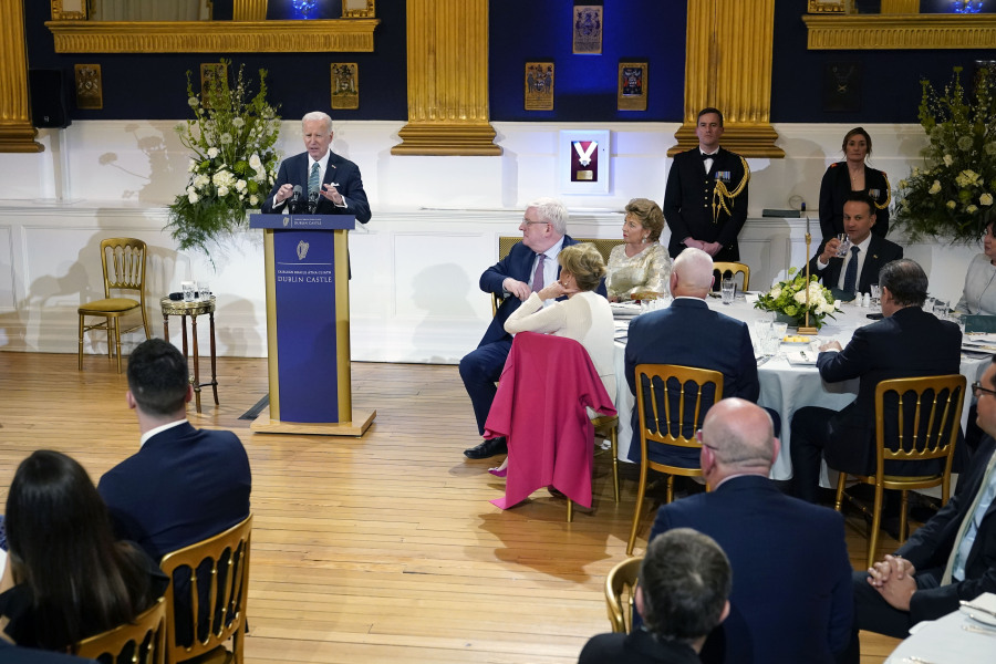 President Joe Biden speaks during a banquet dinner at Dublin Castle, Thursday, April 13, 2023, in Dublin, Ireland.