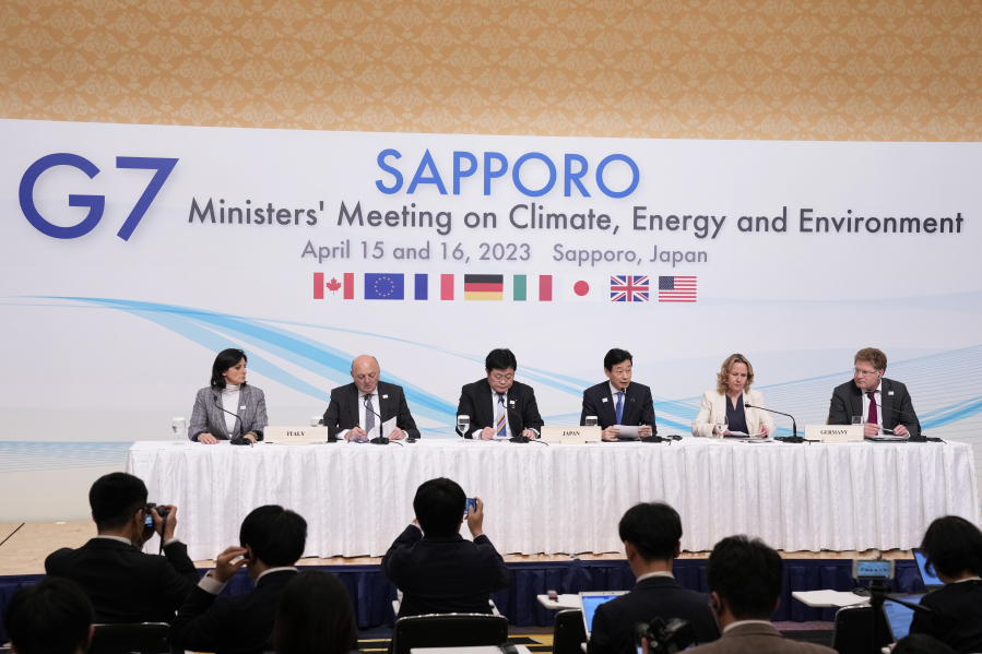 Japan's Economy Minister Yasutoshi Nishimura, third right, speaks at the beginnig of a joint news conference by host country Japan, Germany and Italy in the G-7 ministers' meeting on climate, energy and environment in Sapporo, northern Japan, Sunday, April 16, 2023. From left are Vannia Gava, Italy's Undersecretary of State at the Ministry of Ecological Transition, Environment Minister Gilberto Pichetto Fratin, Japan's Environment Minister Akihiro Nishimura, Economy Minister Nishimura, Germany's Environment Minister Steffi Lemke and Economy and Climate Minister Patrick Graichen.