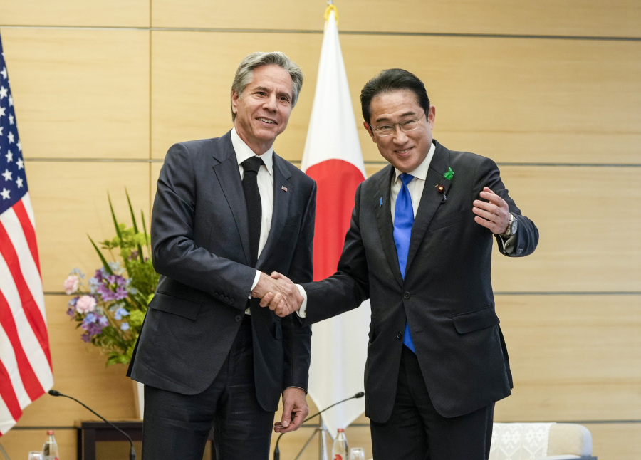 U.S. Secretary of State Antony Blinken, left, meets Japanese Prime Minister Fumio Kishida at the latter's official residence in Tokyo, Japan, Tuesday, April 18, 2023 after Blinken attended the G7 Foreign Ministerial Meeting in Karuizawa, north of Tokyo.