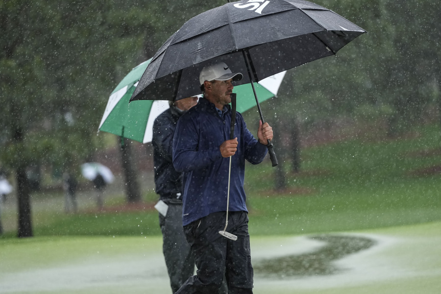 Brooks Koepka elks on the seventh green during the weather delayed third round of the Masters golf tournament at Augusta National Golf Club on Saturday, April 8, 2023, in Augusta, Ga. (AP Photo/David J.