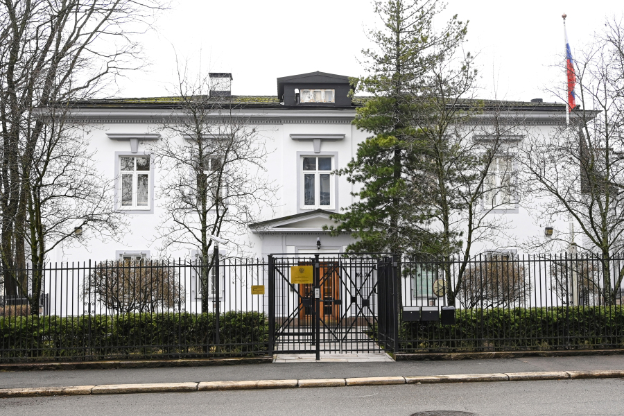 Exterior view of the Russian Embassy in Oslo, Norway, Thursday, April. 13, 2023. Norway's government says it's expelling 15 Russian diplomats from the country because they were suspected of spying while working at the Russian Embassy in Oslo.