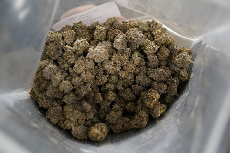 A bag filled with marijuana buds called Ice Cream Cake is displayed in the showroom of the Portland Cannabis Market in Portland, Ore., on March 31, 2023. Oregon, which has huge stockpiles of marijuana, should prepare for the U.S. government eventually legalizing the drug and position the state as a national leader in the industry, state auditors said Friday, April 28, 2023.