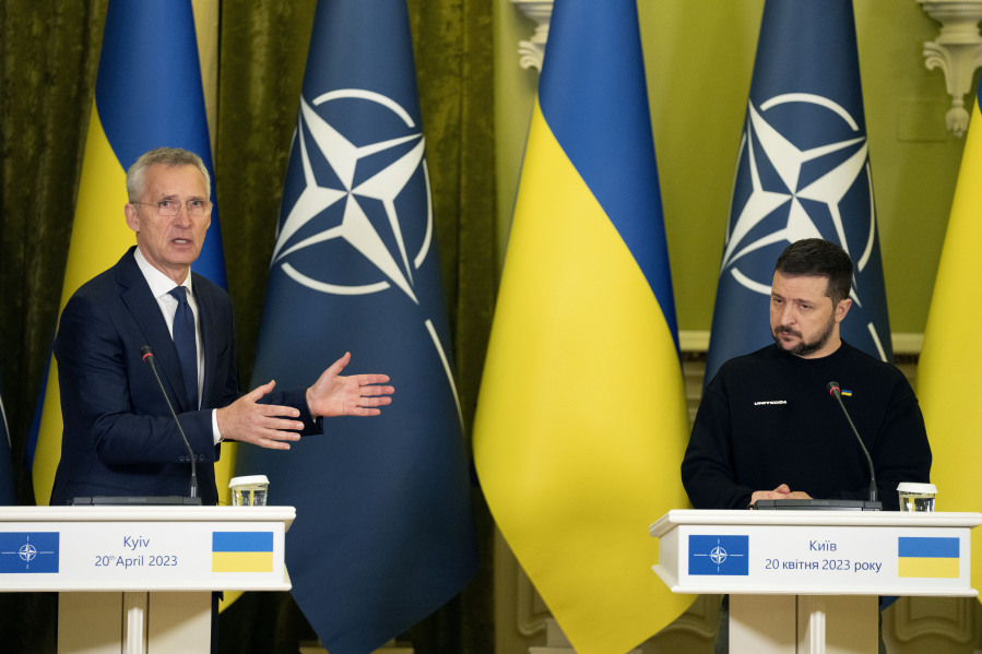 NATO Secretary General Jens Stoltenberg left, talks during a joint press conference with Ukrainian President Volodymyr Zelenskyy in Kyiv, Ukraine, Thursday, April 20, 2023.