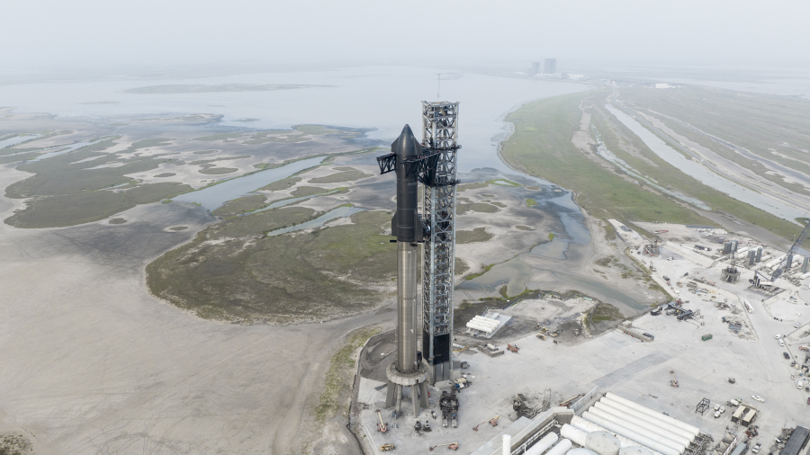 This undated photo provided by SpaceX shows the company's Starship rocket at the launch site in Boca Chica, Texas.