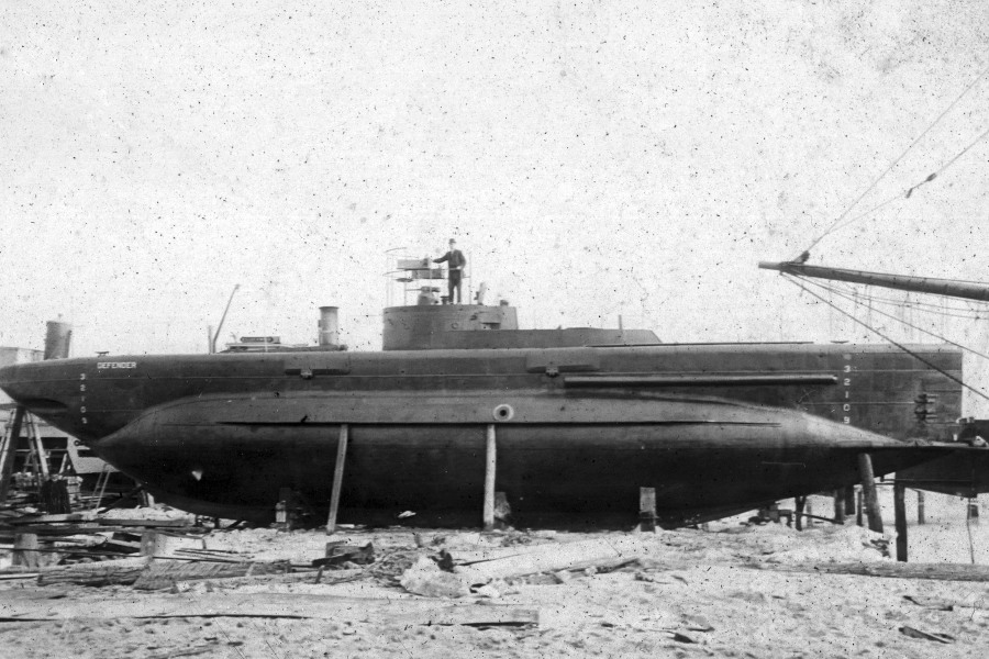 This 1907 photo, from Chapman University, Frank Mt. Pleasant Library of Special Collections and Archives, shows the Defender submarine. The wreckage of the Defender submarine, built in 1907 before being rejected by the Navy, has been discovered off the coast of Connecticut in Long Island Sound, Sunday, April 16, 2023, by a group of commercial divers. (Chapman University, Frank Mt.