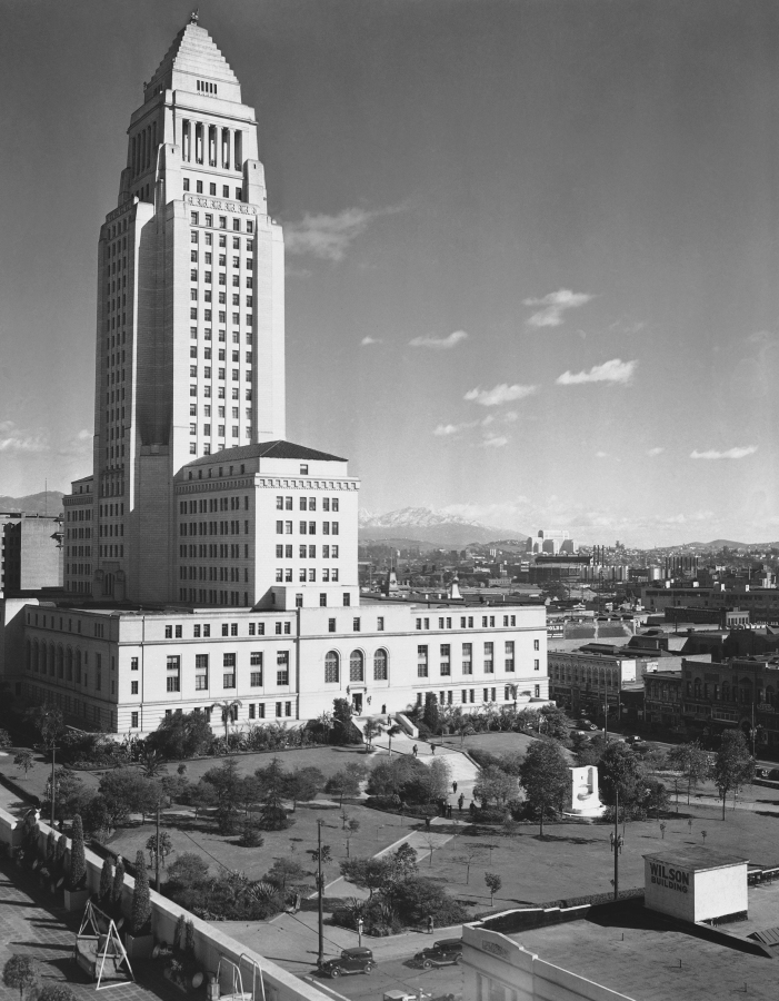 FILE - Los Angeles City Hall dominates the low skyline in Los Angeles on Aug. 29, 1946. The building is shown in the Emmy-nominated HBO drama series, "Perry Mason," based on Erle Stanley Gardner's books and a prequel of sorts to the long-running 1950s show starring Raymond Burr, where 1930s Los Angeles is itself a star through the creators' use of iconic institutions, public landmarks, terrain -- and racial and class divisions.