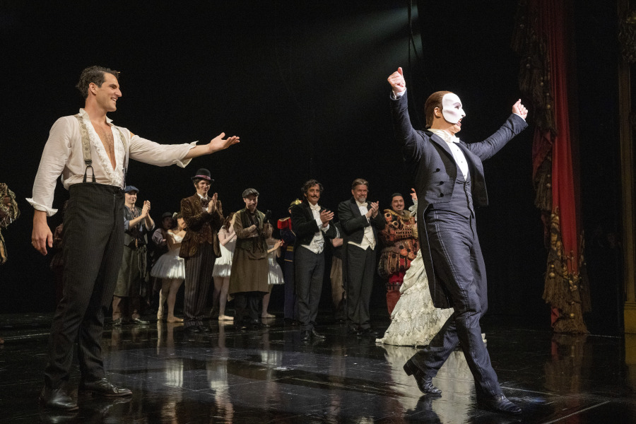 "The Phantom of the Opera" cast appear at the curtain call following the final Broadway performance at the Majestic Theatre on Sunday, April 16, 2023, in New York.