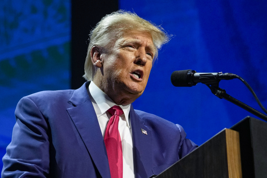 FILE - Former President Donald Trump speaks at the National Rifle Association Convention in Indianapolis, on  April 14, 2023. On Monday, April 24, New York prosecutors asked a judge to bar Trump from using evidence from his criminal case to attack witnesses, citing what they say is the former president's history of making "harassing, embarrassing and threatening statements," about people he's tangled with in legal disputes.