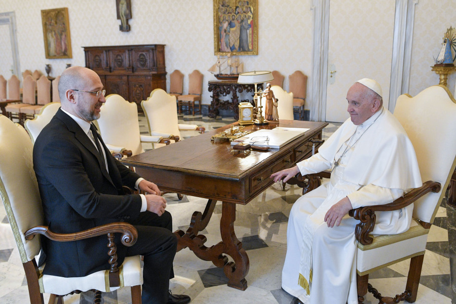 In this picture made available by Vatican Media Ukraine Prime Minister Denys Shmyhal, left, meets with Pope Francis at The Vatican, Thursday, April 27, 2023.
