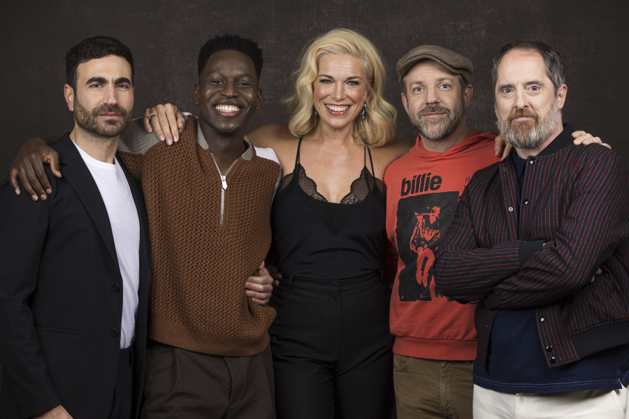 FILE - Brett Goldstein, from left, Toheeb Jimoh, Hannah Waddingham, Jason Sudeikis and Brendan Hunt, all members of the cast of "Ted Lasso," pose for a portrait at the Four Seasons Hotel in Los Angeles on March 6, 2023.