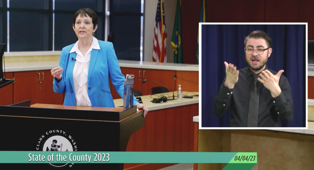 Clark County Council Chair Karen Dill Bowerman delivers the State of the County 2023 address in a prerecorded message.