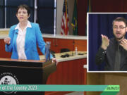 Clark County Council Chair Karen Dill Bowerman delivers the State of the County 2023 address in a prerecorded message.